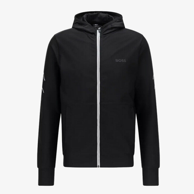 Pre-owned Hugo Boss Boss Zip-up Slim-fit Hooded Sweatshirt With Logo Tape - Black