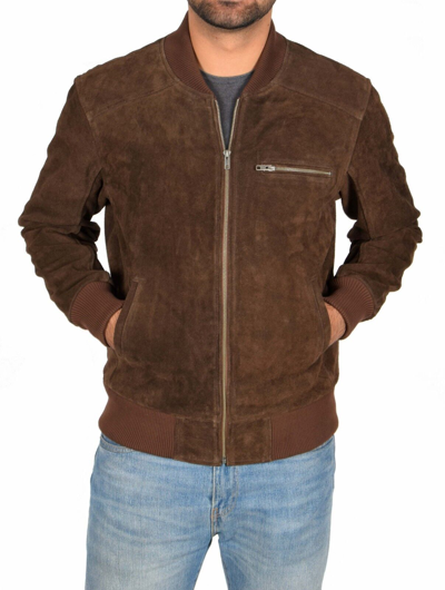 Pre-owned Fashion Mens Real Brown Suede Bomber Jacket Leather Sports Varsity Baseball Casual Coat