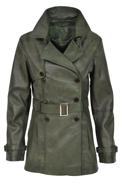 Pre-owned Fashion Ladies Real Leather Jacket Waist Belted Double Breasted Trench Coat Green