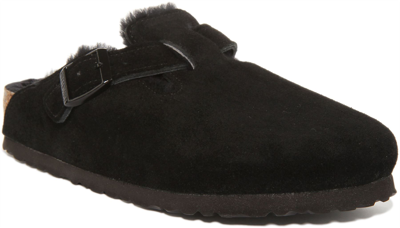 Pre-owned Birkenstock Boston Shearl Unisex Warm Lining Suede Sandal In Black Uk Size 3 - 8