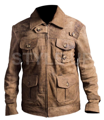 Pre-owned Style Mens The Expendables Jason Satham Casual Distressed Brown Genuine Leather Jacket