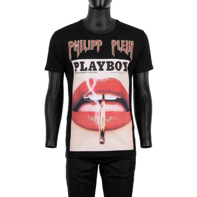 Pre-owned Philipp Plein X Playboy Massive Crystals Logo T-shirt W. Lips Cover Black 08400