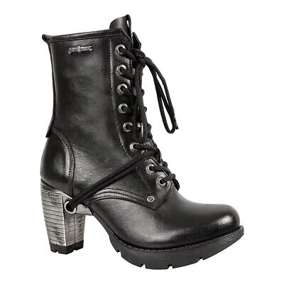 Pre-owned New Rock Rock Footwear Womens Black Tr001 Leather Boots Lace Up Metallic Heels Shoes