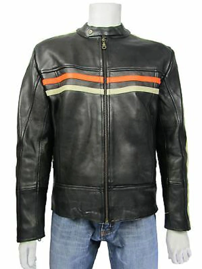 Pre-owned Osx Men Black Soft Cowhide Biker Harley Leather Jacket Stripe  Bike Rock | ModeSens