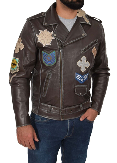 Pre-owned Fashion Mens Biker Leather Jacket Brown Antique Rub Off Belt Badges Slick Brando Coat