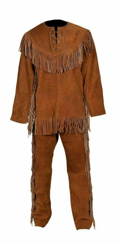 Pre-owned Native American Genuine Suede Trousers & Shirt With Fringes Ragged Suit