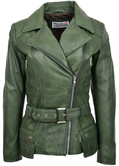 Pre-owned House Of Leather Womens Real Leather Biker Jacket Cross Zip With Waist Belt Celia Green