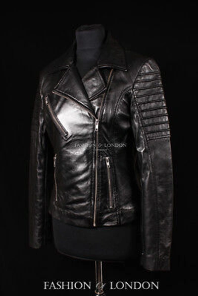 Pre-owned Real Leather Jacket And Coats Ladies Jenner Biker Fitted Jacket Black Washed Soft Real Leather Jacket 9334