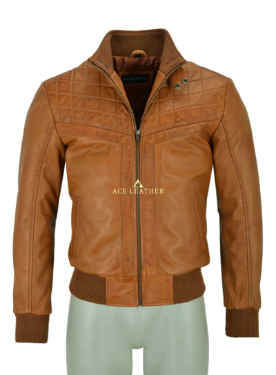 Pre-owned Smart Range Classic Bomber Leather Jacket Men's 70's Quilted Front Real Leather Tops Jacket