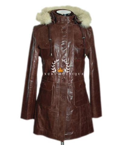 Pre-owned Michelle Brown Ladies Fur Hood Designer Real Cowhide Leather Jacket Parka Coat