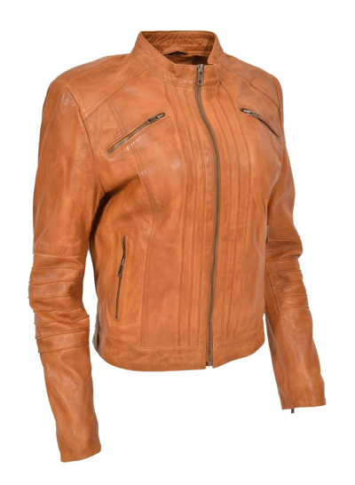Pre-owned Fashion Womens Genuine Tan Leather Biker Style Jacket Girls Zip Up Fitted Casual Coat