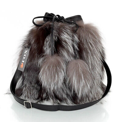 Pre-owned Fox Genuine Silver  Fur Bucket Bag Grey Fur Shoulder Bag Real Fur Sack Bag