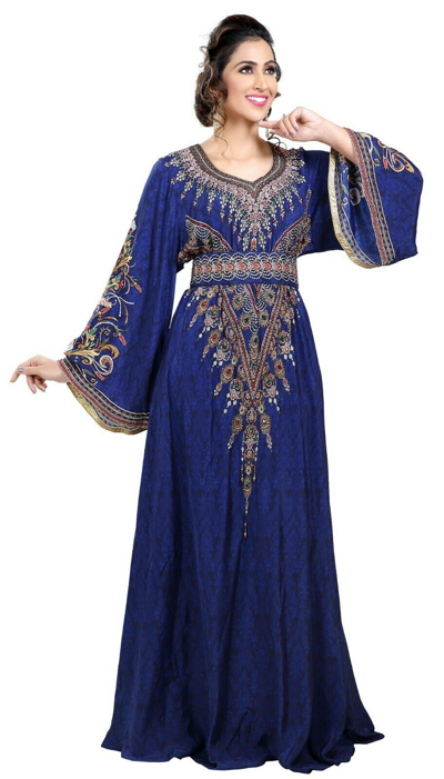Pre-owned Maxim Creation Women's Digital Print Morocccan Kaftan With Crystal Luxe Embroidered Dressing Gown 8481