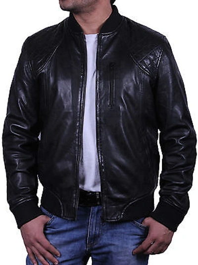 Pre-owned Brandslock Men's Genuine Leather Distressed Quilted Design Black/brown Bomber Jacket