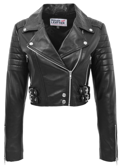 Pre-owned House Of Leather Womens Real Leather Biker Style Jacket Short Cropped Length Demi Black