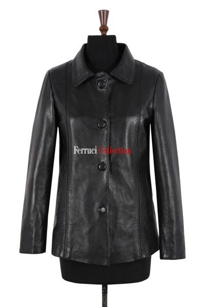 Pre-owned Carrie Ch Hoxton Woman's Black Real Leather Car Coat Button Down Front Classic Collared Jacket