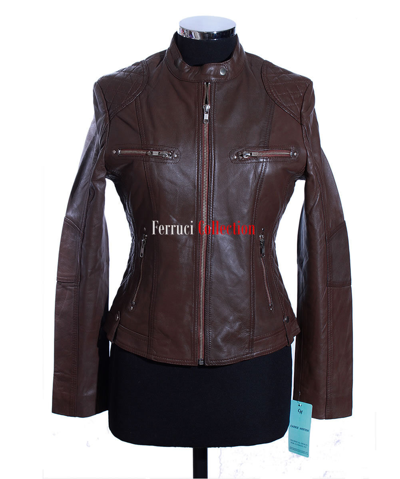 Pre-owned New Rock Rock Ladies Leather Jacket Brown Quilted Real Leather Biker Fashion Jacket