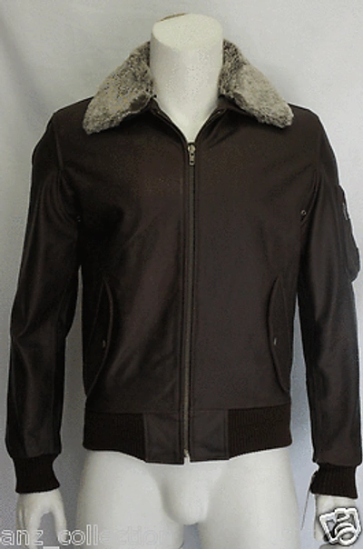 Pre-owned Anz Brad Men's Brown Aniline Pilot Cowhide Bomber Air Force Real Fur Leather Jacket