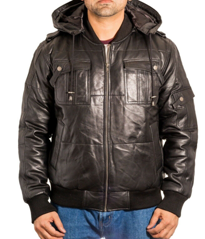 Pre-owned A To Z Leather Mens Black Leather Urban Street Style Quilted Pilot Fitted Bomber Jacket