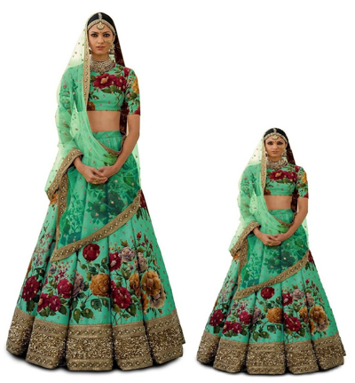 Pre-owned Handmade Green Floral Print Mom And Daughter Lengha Choli Set Kids Lehenga Chunri Baby