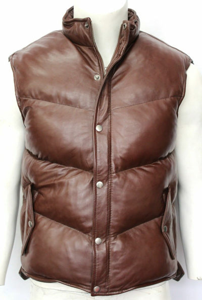 Pre-owned Ac Men's Puffer Waistcoat Brown Padded Lambskin Leather Casual Waistcoat Style Gillet