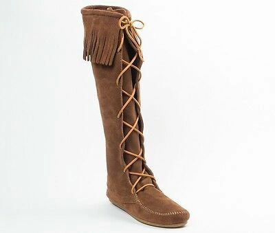 Pre-owned Minnetonka Front Laces Moccasins 1428 Women Knee High Boot Hardsole Brown Suede