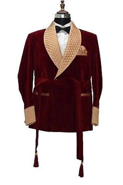 Pre-owned Handmade Men Maroon Smoking Jackets Dressing Gown Quilted Lapel Belted Dinner Party Wear Coats Uk