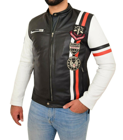 Pre-owned Fashion Mens Biker Leather Jacket Black White Sleeves Badges Stripes Motor Sports Style