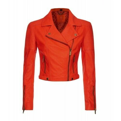 Pre-owned Of The Realm Neon Orange Branded Quilted Ladies Biker Leather Jacket Sizes6,8,10,12 Xmas Sale