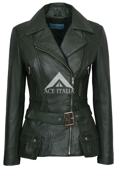 Pre-owned Carrie Ch Hoxton 'feminine' Ladies Leather Jacket Green Belted Chic Rock Real Leather Jacket 2812
