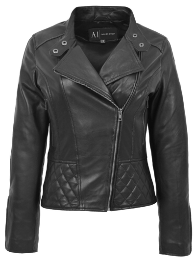 Pre-owned Fashion Latest Trendy Black Leather Biker Jacket For Women Quilted Fitted Band Collar
