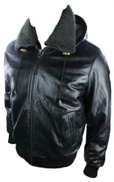 Pre-owned Aviatrix Mens Black Removable Hood Real Leather Bomber Jacket Fleece Fur Lined