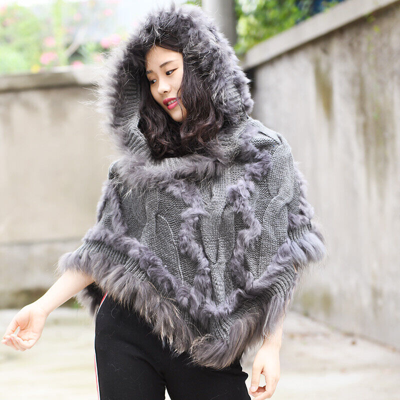 Pre-owned Daymisfurry Raccoon Fur Trim Knit Poncho With Hood, Real Fur Poncho, Real Fur Shawl