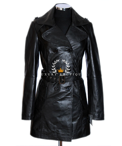 Pre-owned L.b Christina Black Ladies Designer Knee Length Real Lambskin Leather Trench Coat