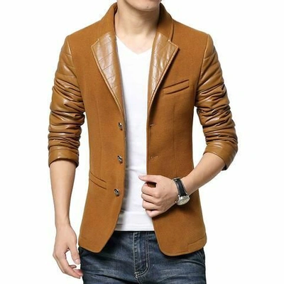 Pre-owned Leather Right Men's Tan Genuine Lambskin Blazer Jacket