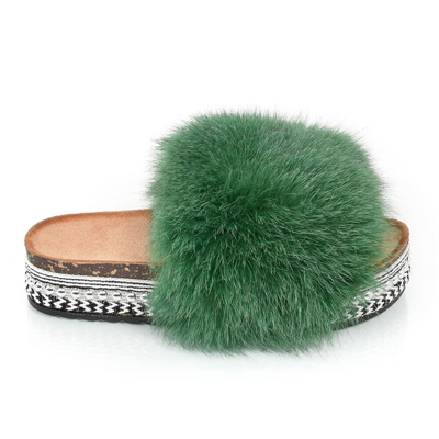 Pre-owned Fox Platform Slides With Green  Fur & Rivets Slippers High Sole Sandals With Fur