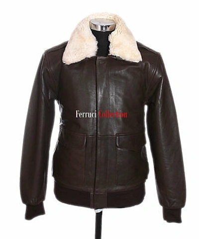Pre-owned Real Leather Mens Bomber Leather Jacket Fur Collar Brown Winter  A2 Flying Jacket