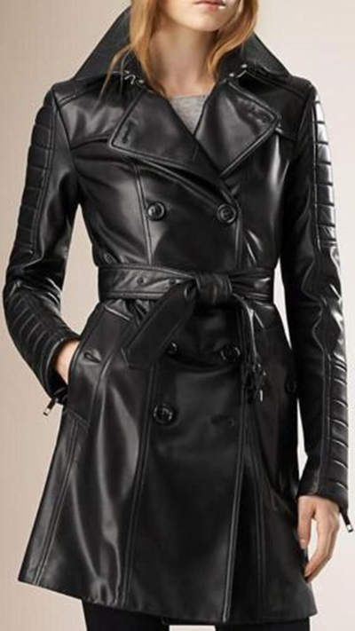 Pre-owned Lm Jackets Women Black Genuine Leather Trench Coat