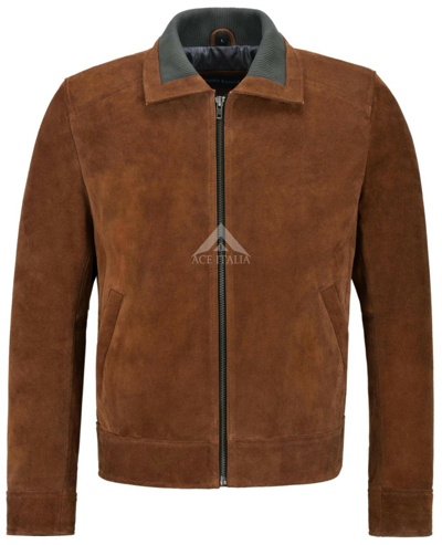 Pre-owned Smart Range Men's Suede Leather Bomber Jacket Knit Collared Tan Modern Blouson Fashion 2959
