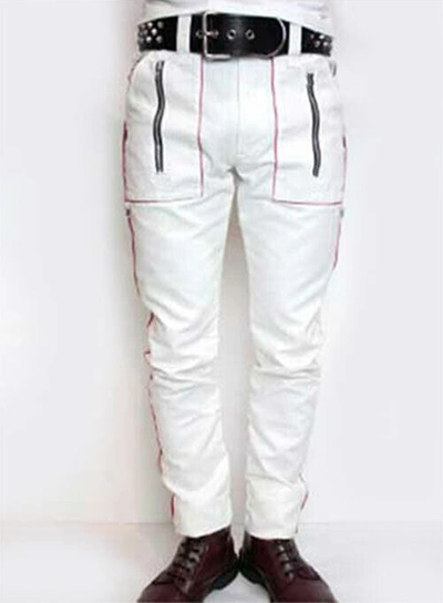 Pre-owned Edi Men's Genuine Cowhide White Trousers With Red Piping Handmade Natural Leather Jeans