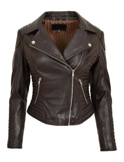 Pre-owned House Of Leather Womens Leather Biker Jacket Cross Zip Slim Fit Casual Style Anna Brown