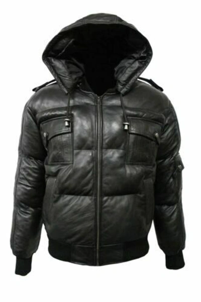 Pre-owned Claw Intl Men's Artic Pilot Cherry Puffer Jacket Fur Hooded Bomber Real Lambskin Leather