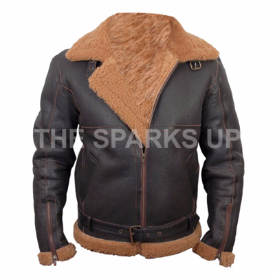 Pre-owned The Sparks Up B3 Dark Brown Leather Jacket Real Sheep Hide Fur Bomber Jacket - Big Sale