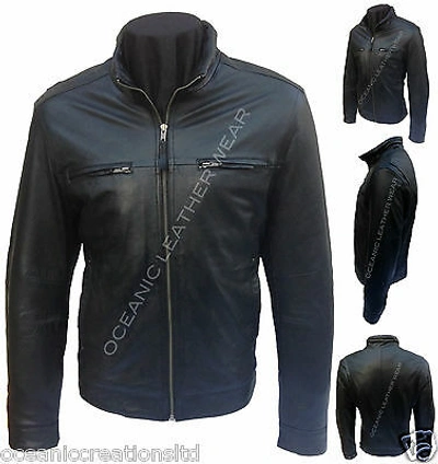 Pre-owned Oceanic Leather Wear Mens Black Soft Retro Urban Biker Style Zipped Casual Bomber Real Leather Jacket