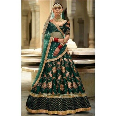 Pre-owned Handmade Green Silk Lehanga Choli Indian Designer Party Wear Embroidery Sari Lengha Set