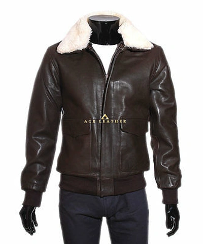Pre-owned Ace A2 Classic Bomber Brown Men's Fur Colar Vintage Aviator Lambskin Leather Jacket