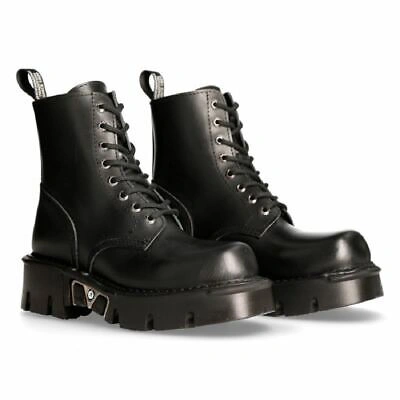 Pre-owned New Rock Rock M-mili084n-s Unisex Metallic Black 100% Leather Platform Military Boots