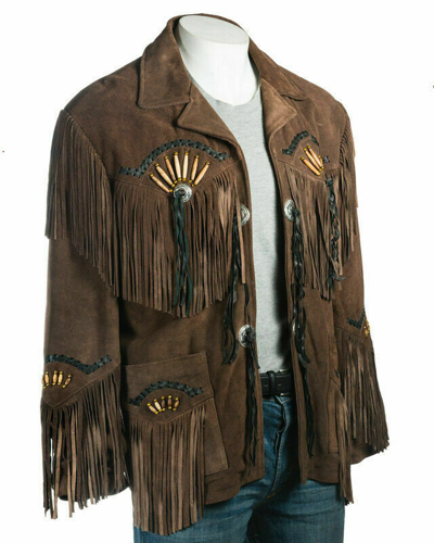 Pre-owned Claw Intl Men's Native American Mountain Man Suede Leather Beaded & Fringed Jacket Coat N1