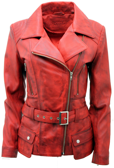 Pre-owned Infinity Ladies Red Vintage Long Feminine Leather Biker Jacket