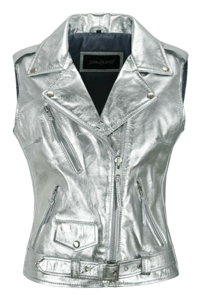Pre-owned Smart Range Ladies Waistcoat Gilet Waistcoat Silver Foil 100% Lambskin Leather Slim-fit Brando